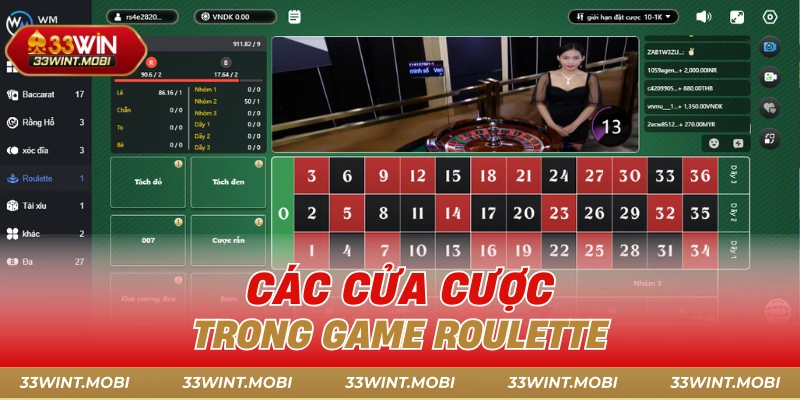Các cửa cược trong game roulette